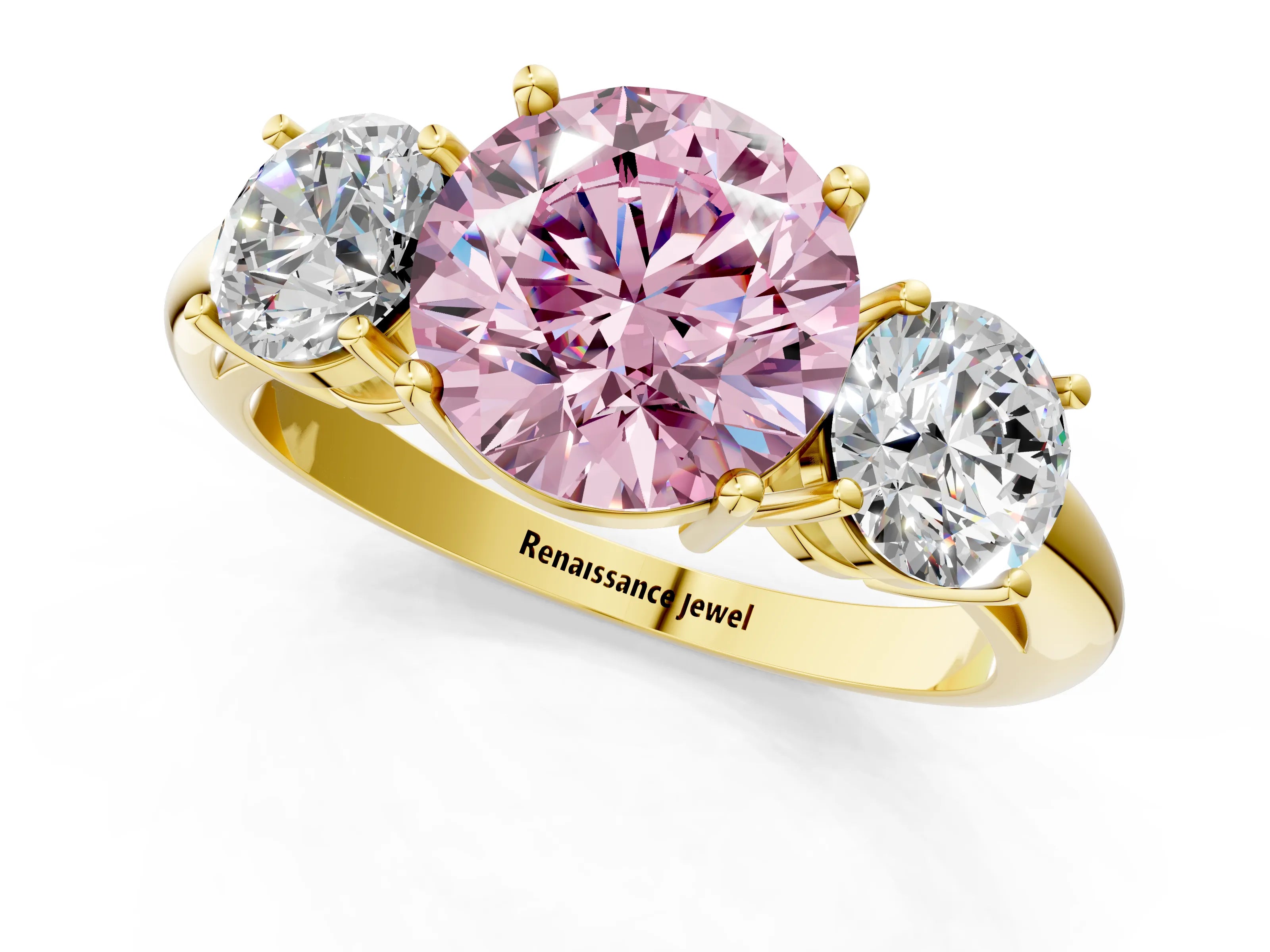Yellow gold Three-Stone Fancy Pink Round Cut Cut Diamond Engagement Ring with Prong Setting on a White Gold Band_25