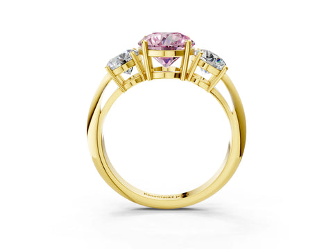 Yellow gold Three-Stone Fancy Pink Round Cut Cut Diamond Engagement Ring with Prong Setting on a White Gold Band_3