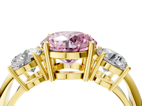 Yellow gold Three-Stone Fancy Pink Round Cut Cut Diamond Engagement Ring with Prong Setting on a White Gold Band_4