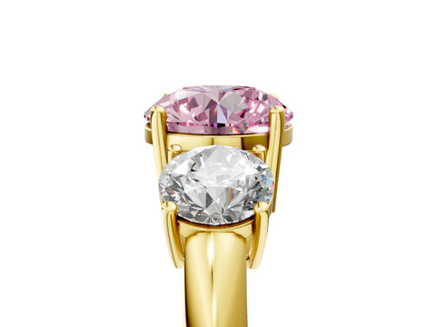 Yellow gold Three-Stone Fancy Pink Round Cut Cut Diamond Engagement Ring with Prong Setting on a White Gold Band_5