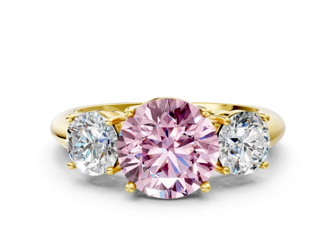 Yellow gold Three-Stone Fancy Pink Round Cut Cut Diamond Engagement Ring with Prong Setting on a White Gold Band