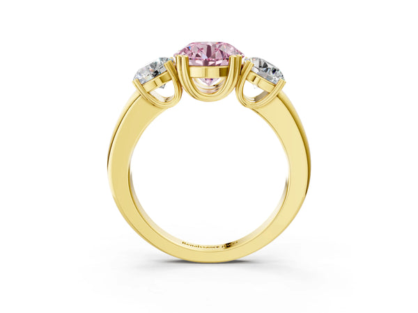 Yellow gold Three-Stone Fancy Pink Round Cut Cut Diamond Ring with Channel Set Band and Four-Prong Setting
