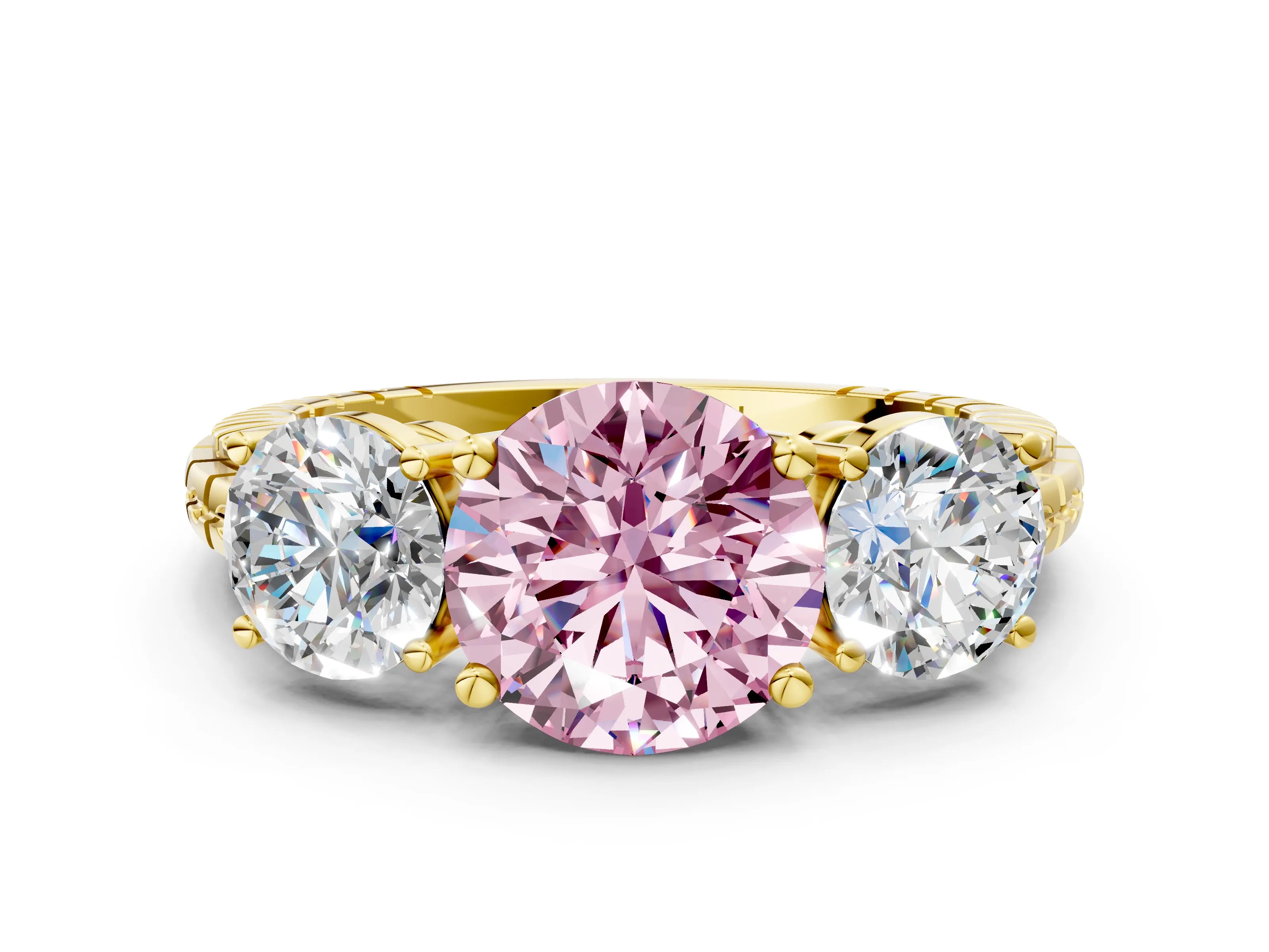 Yellow gold Three-Stone Fancy Pink Round Cut Cut Diamond Ring with Channel-Set Band and Prong Setting