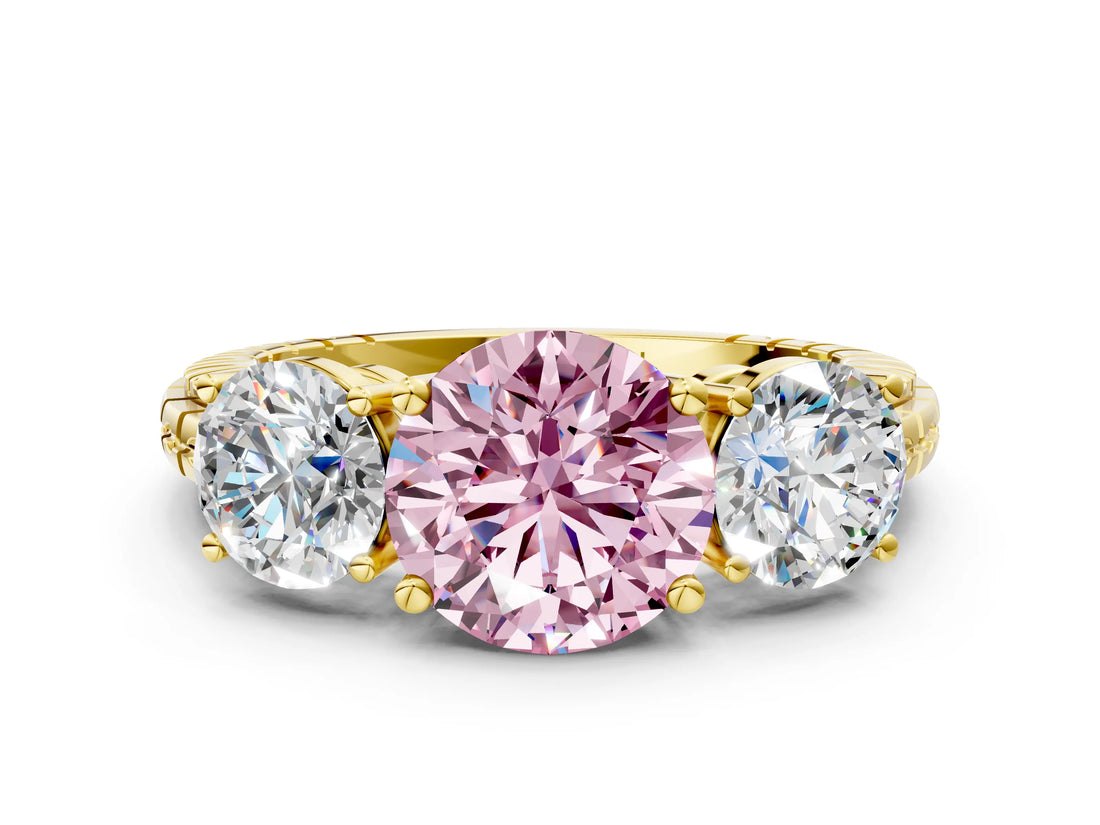 Yellow gold Three-Stone Fancy Pink Round Cut Cut Diamond Ring with Channel-Set Band and Prong Setting