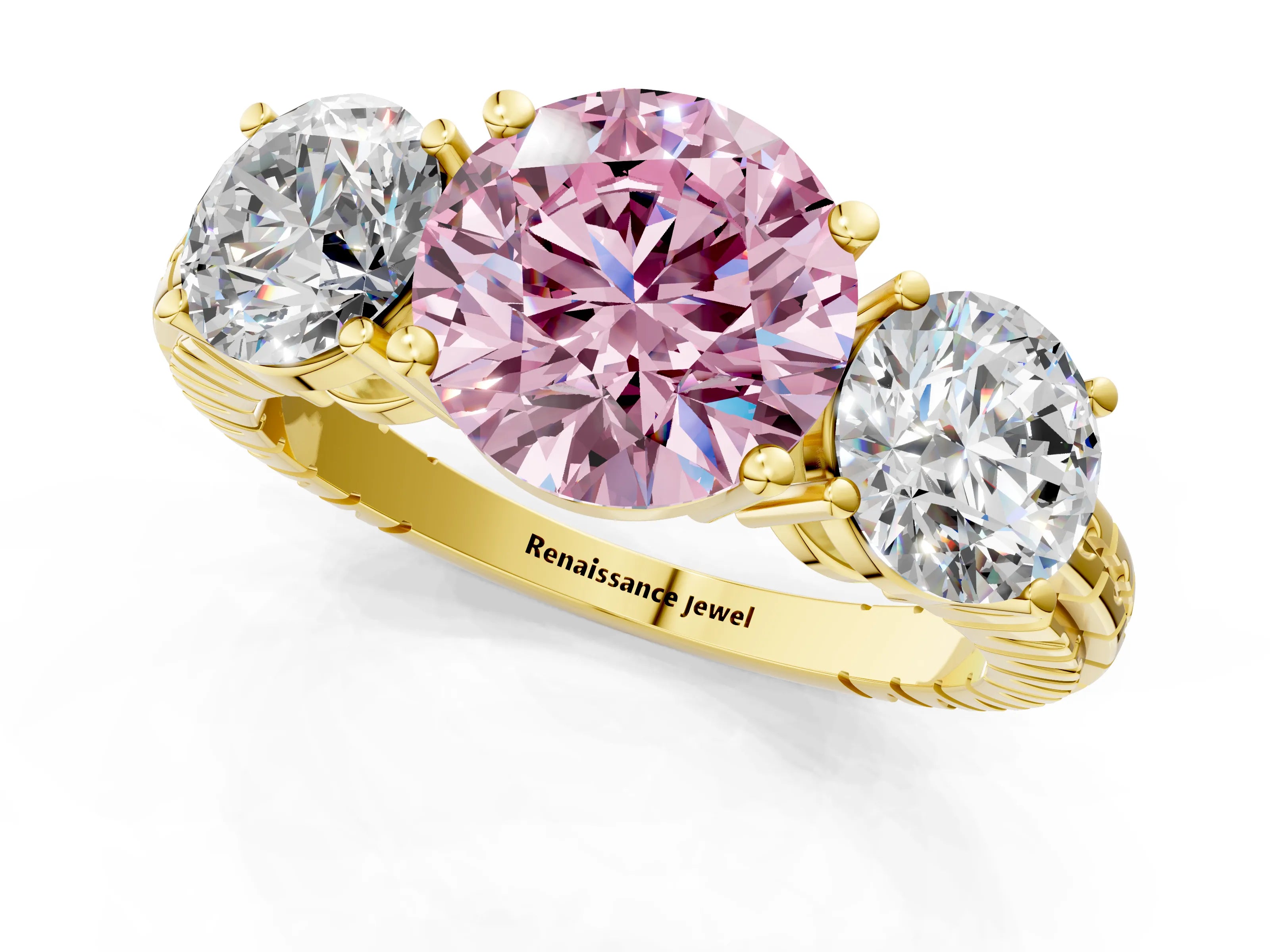 Yellow gold Three-Stone Fancy Pink Round Cut Cut Diamond Ring with Channel-Set Band and Prong Setting_1