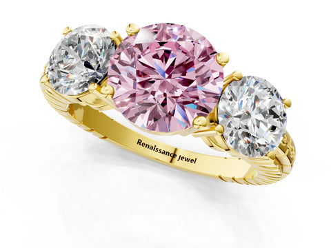 Yellow gold Three-Stone Fancy Pink Round Cut Cut Diamond Ring with Channel-Set Band and Prong Setting_1