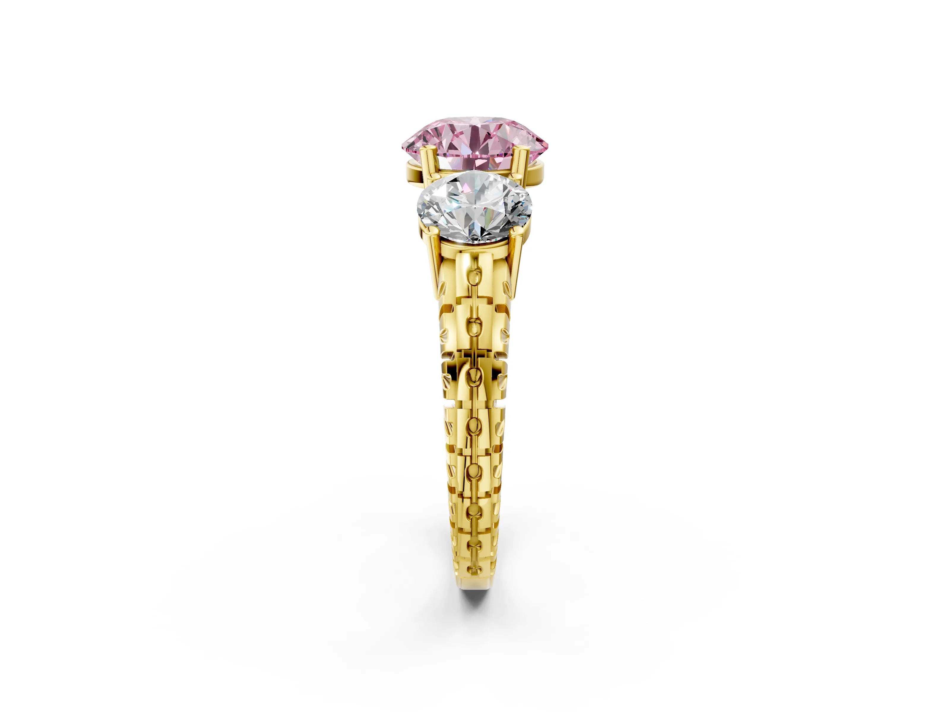 Yellow gold Three-Stone Fancy Pink Round Cut Cut Diamond Ring with Channel-Set Band and Prong Setting_2