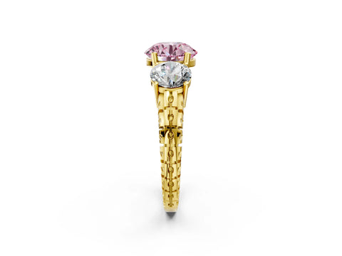 Yellow gold Three-Stone Fancy Pink Round Cut Cut Diamond Ring with Channel-Set Band and Prong Setting_2