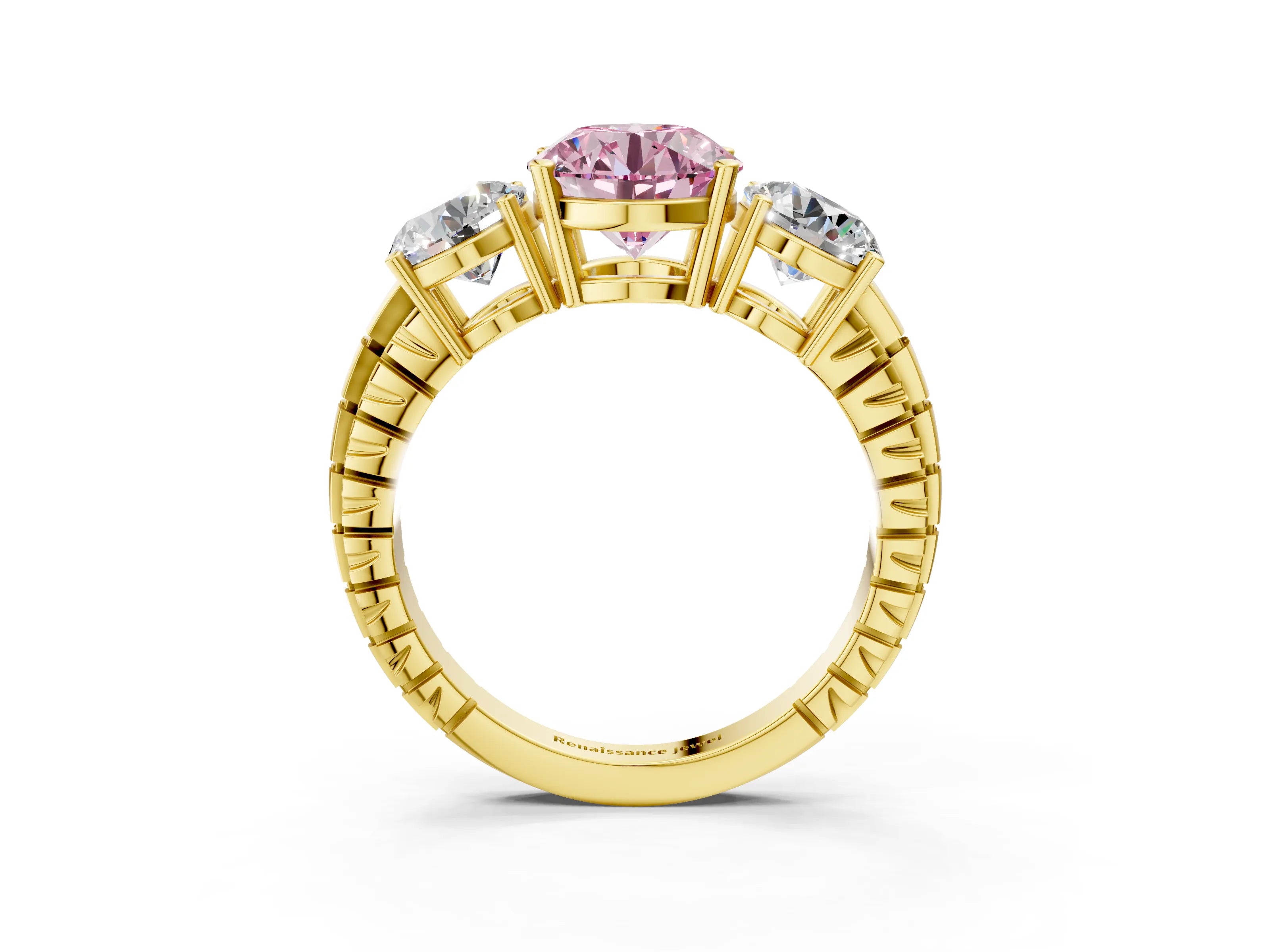 Yellow gold Three-Stone Fancy Pink Round Cut Cut Diamond Ring with Channel-Set Band and Prong Setting_3