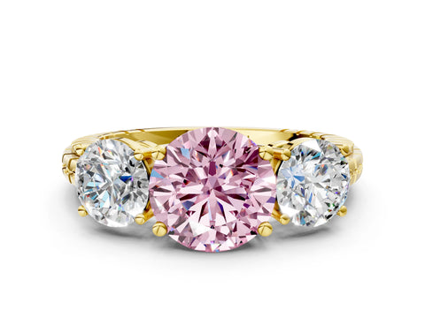 Yellow gold Three-Stone Fancy Pink Round Cut Cut Diamond Ring with Channel-Set Band and Prong Setting