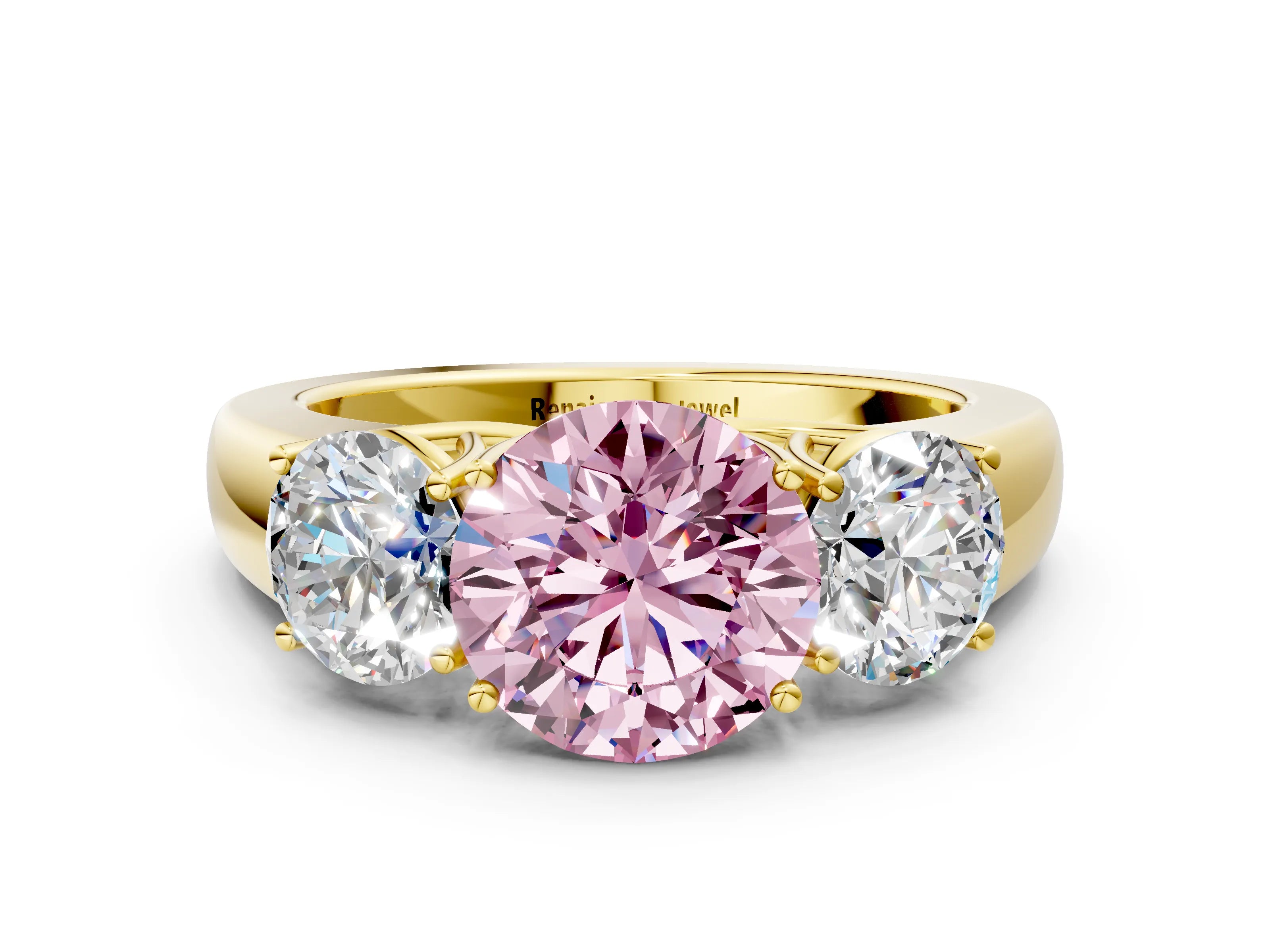 Yellow gold Three-Stone Fancy Pink Round Cut Cut Diamond Ring with Prong Setting and Classic Band