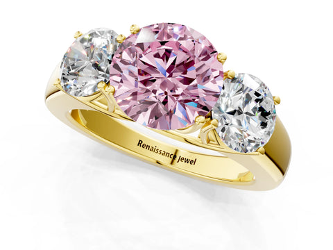 Yellow gold Three-Stone Fancy Pink Round Cut Cut Diamond Ring with Prong Setting and Classic Band_1