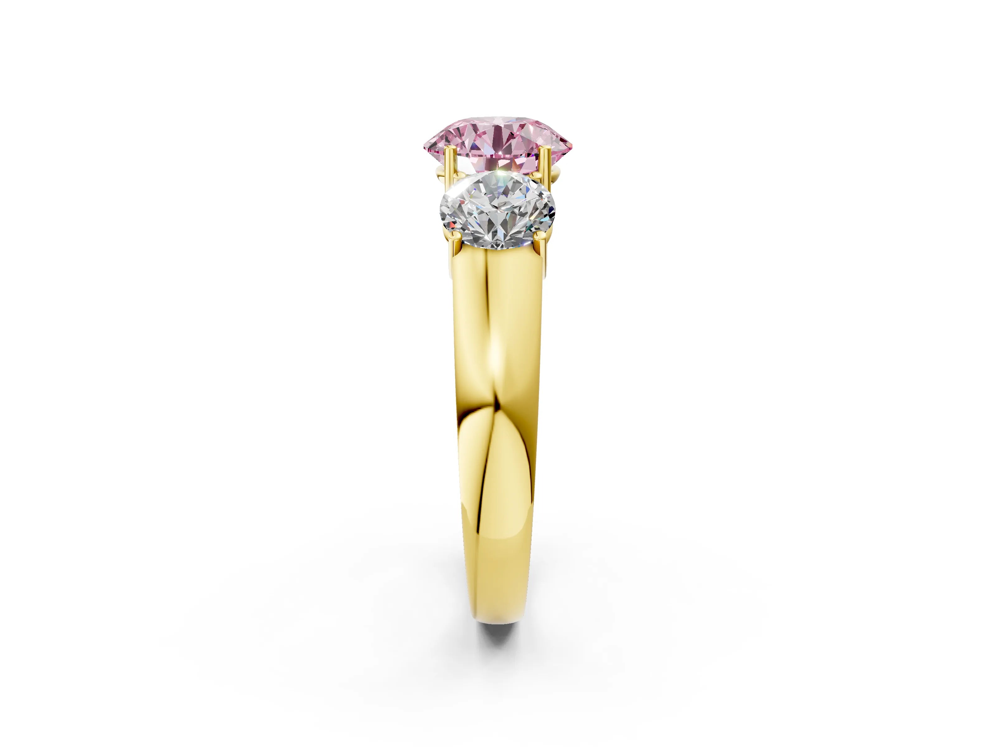Yellow gold Three-Stone Fancy Pink Round Cut Cut Diamond Ring with Prong Setting and Classic Band_2