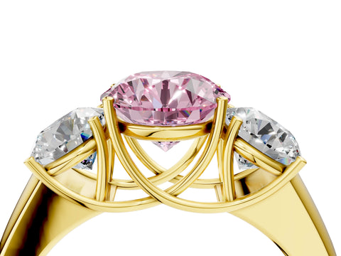Yellow gold Three-Stone Fancy Pink Round Cut Cut Diamond Ring with Prong Setting and Classic Band_4
