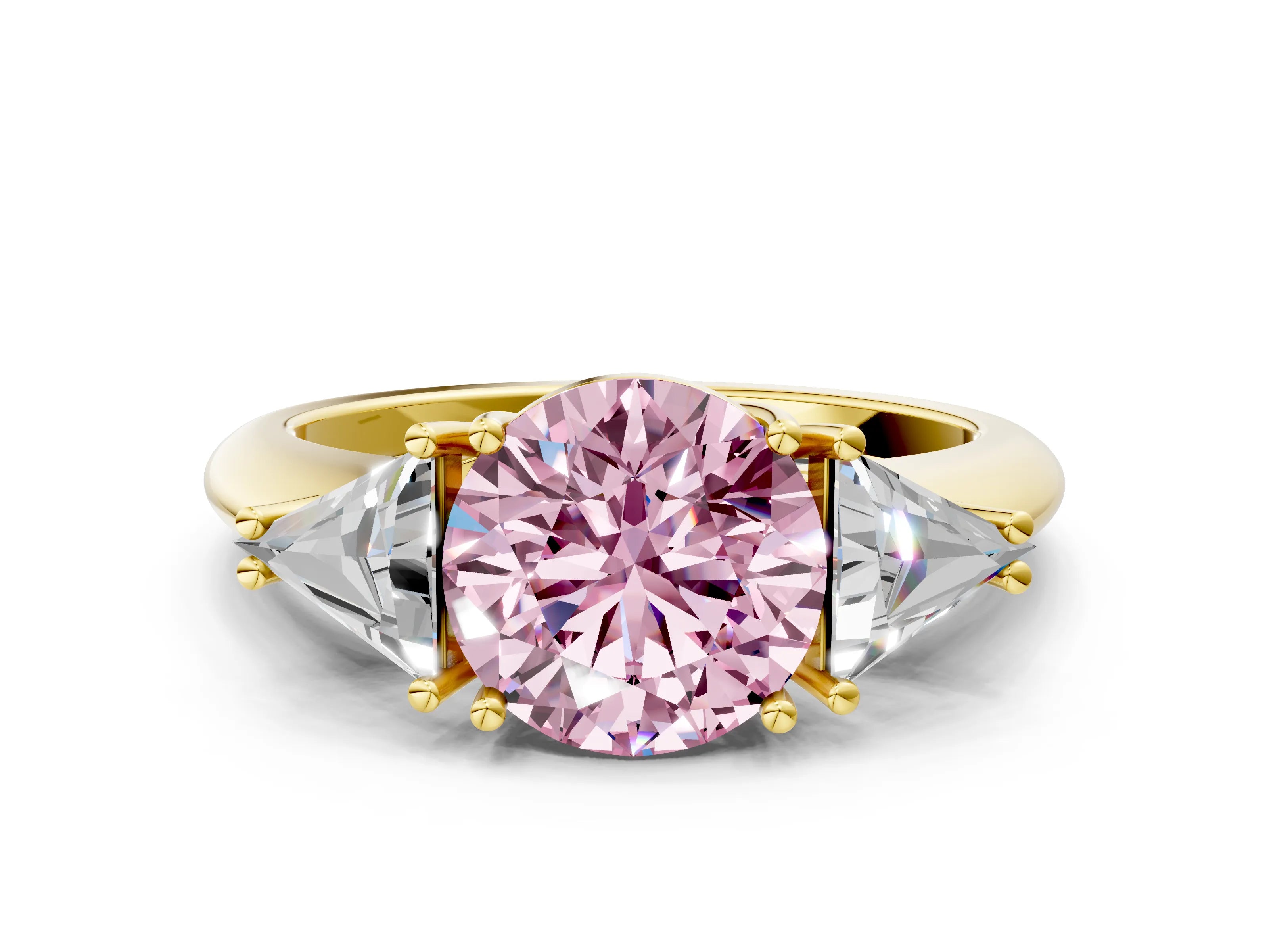 Yellow gold Three-Stone Fancy Pink Round Cut Cut Diamond Ring with Trillion Side Stones and Four-Prong Setting_3