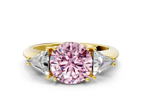Yellow gold Three-Stone Fancy Pink Round Cut Cut Diamond Ring with Trillion Side Stones and Four-Prong Setting_3