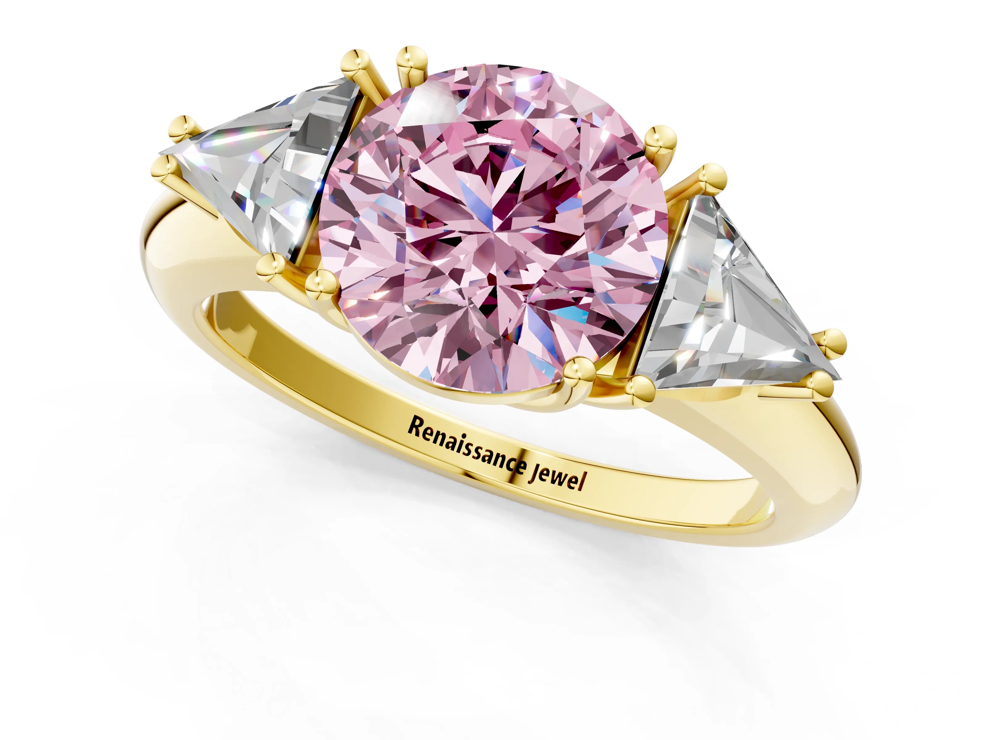 Yellow gold Three-Stone Fancy Pink Round Cut Cut Diamond Ring with Trillion Side Stones and Four-Prong Setting_4