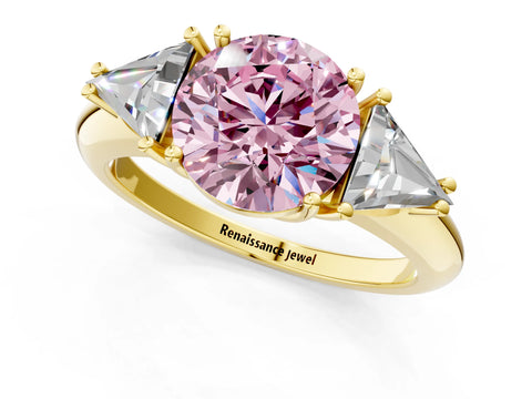Yellow gold Three-Stone Fancy Pink Round Cut Cut Diamond Ring with Trillion Side Stones and Four-Prong Setting_4