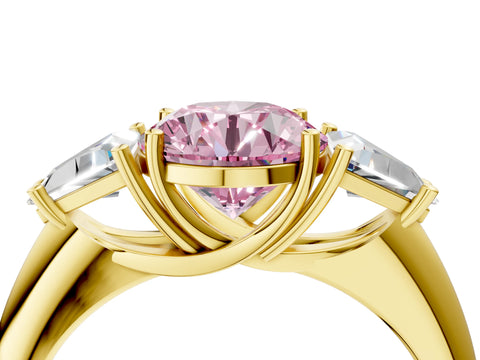Yellow gold Three-Stone Fancy Pink Round Cut Cut Diamond Ring with Trillion Side Stones and Four-Prong Setting_7