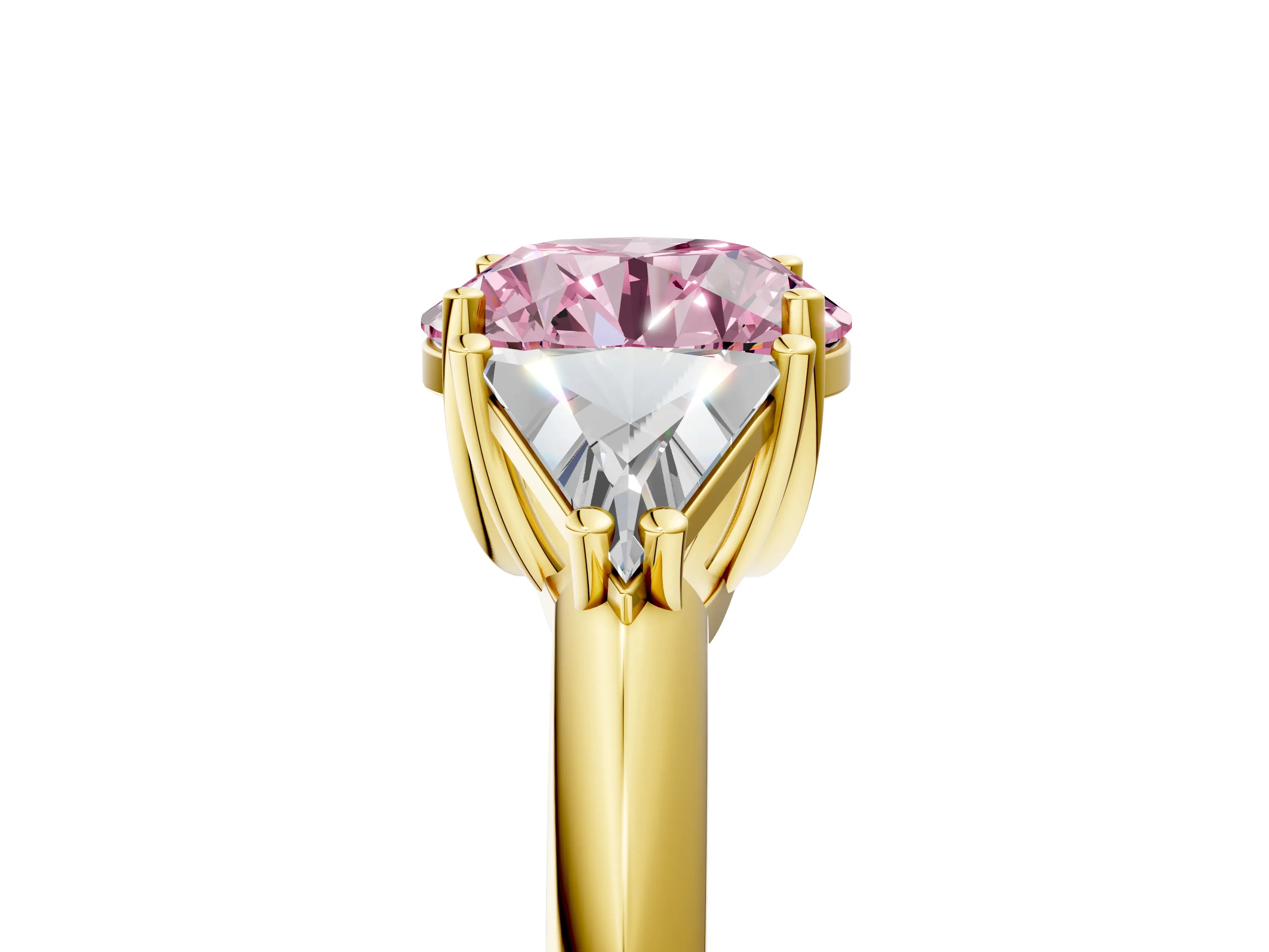 Yellow gold Three-Stone Fancy Pink Round Cut Cut Diamond Ring with Trillion Side Stones and Four-Prong Setting_8