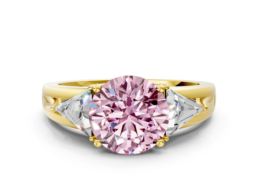 Yellow gold Three-Stone Fancy Pink Round Cut Cut Diamond Ring with Trillion Side Stones on a Split Shank Band