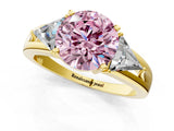 Yellow gold Three-Stone Fancy Pink Round Cut Cut Diamond Ring with Trillion Side Stones on a Split Shank Band_1