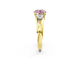Yellow gold Three-Stone Fancy Pink Round Cut Cut Diamond Ring with Trillion Side Stones on a Split Shank Band_2