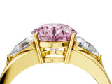 Yellow gold Three-Stone Fancy Pink Round Cut Cut Diamond Ring with Trillion Side Stones on a Split Shank Band_4
