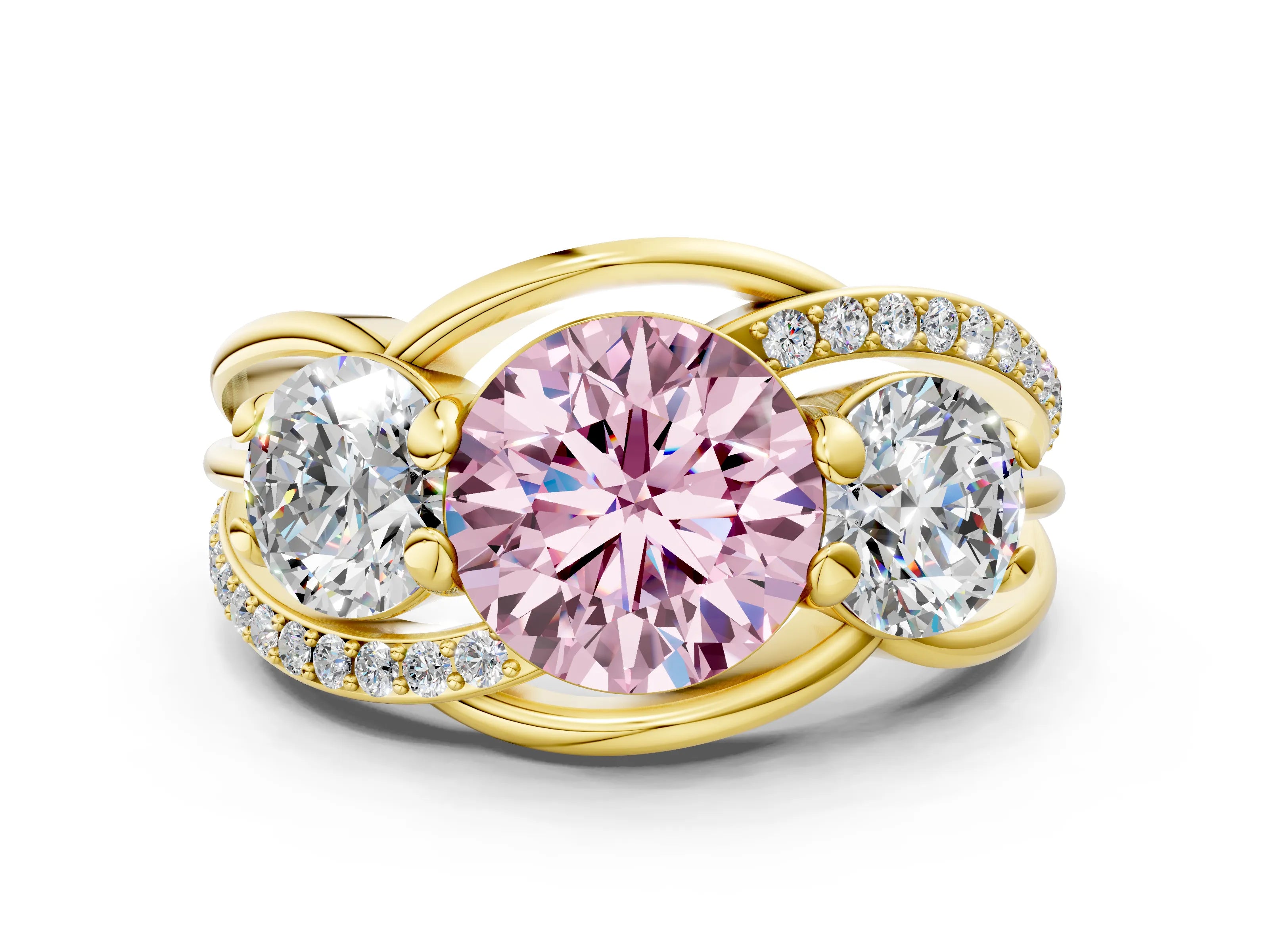 Yellow gold Three-Stone Fancy Pink Round Cut Cut Diamond Split Shank Prong Set Ring