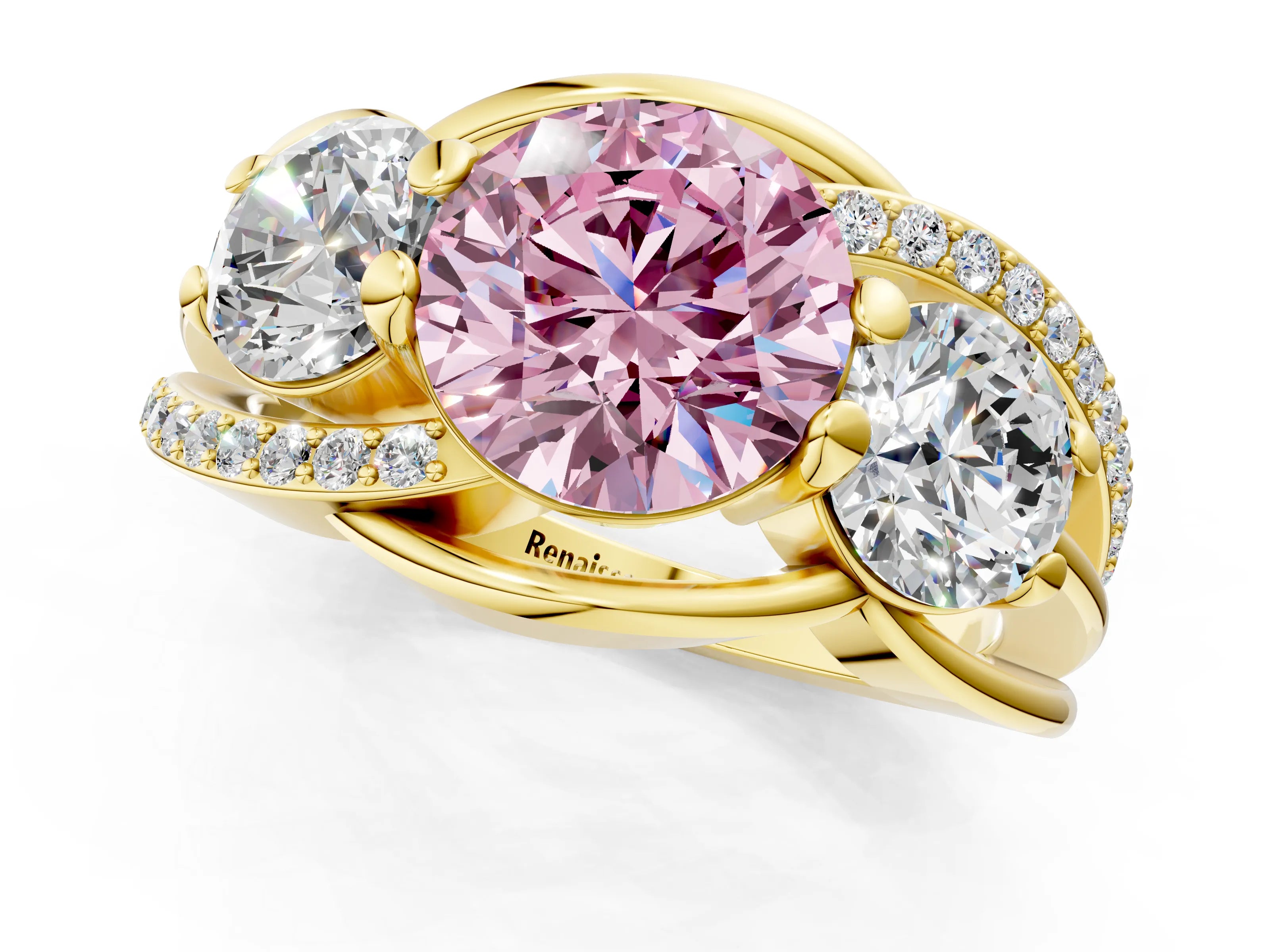 Yellow gold Three-Stone Fancy Pink Round Cut Cut Diamond Split Shank Prong Set Ring_1