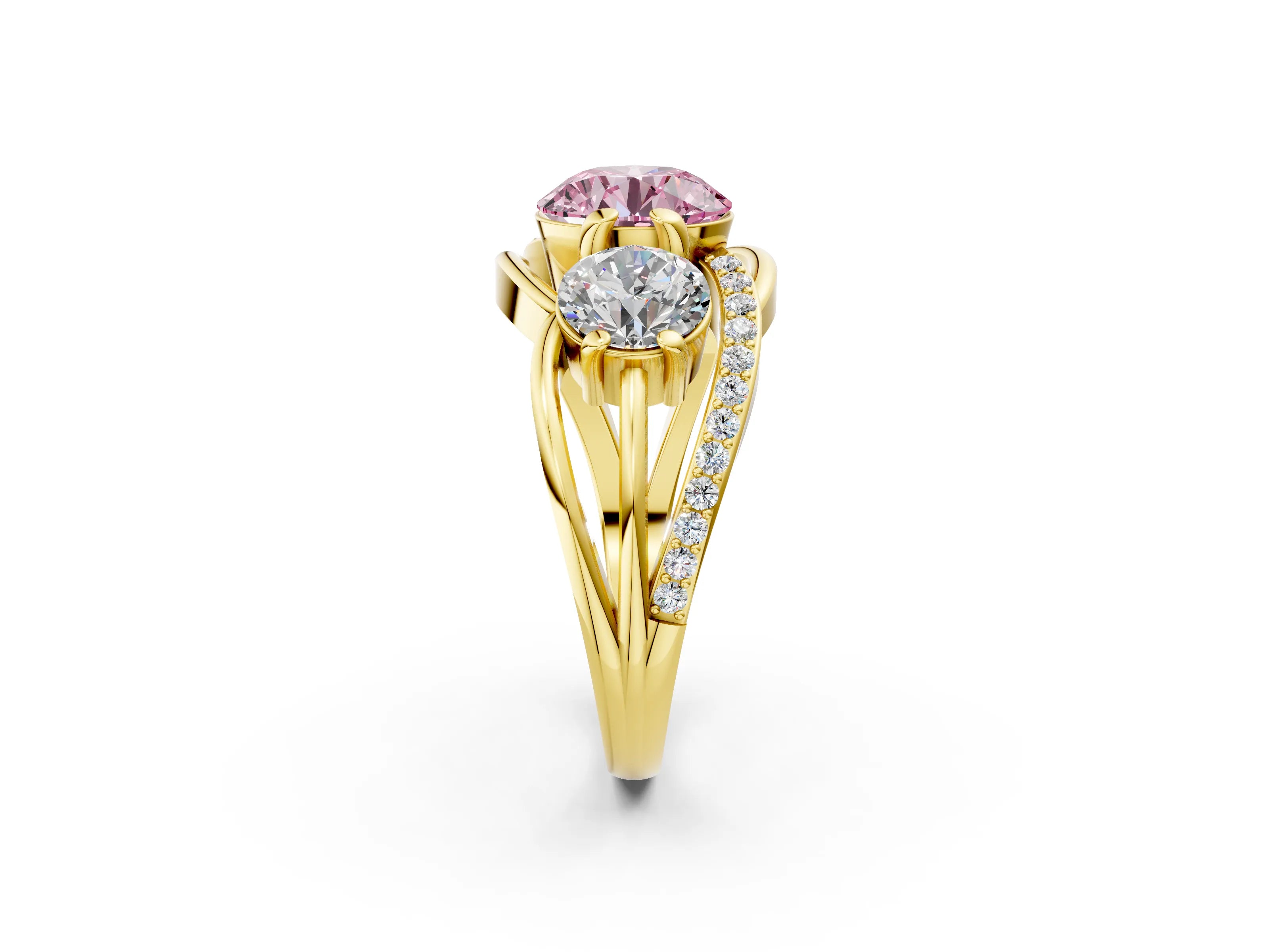 Yellow gold Three-Stone Fancy Pink Round Cut Cut Diamond Split Shank Prong Set Ring_2