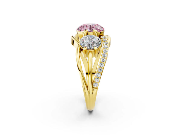 Yellow gold Three-Stone Fancy Pink Round Cut Cut Diamond Split Shank Prong Set Ring