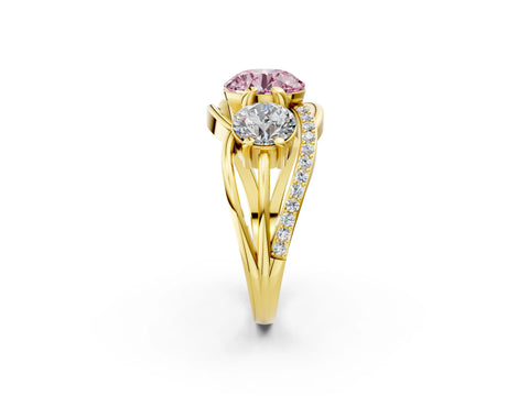 Yellow gold Three-Stone Fancy Pink Round Cut Cut Diamond Split Shank Prong Set Ring_2