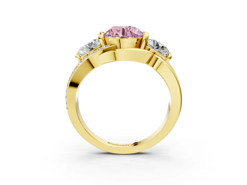 Yellow gold Three-Stone Fancy Pink Round Cut Cut Diamond Split Shank Prong Set Ring_3