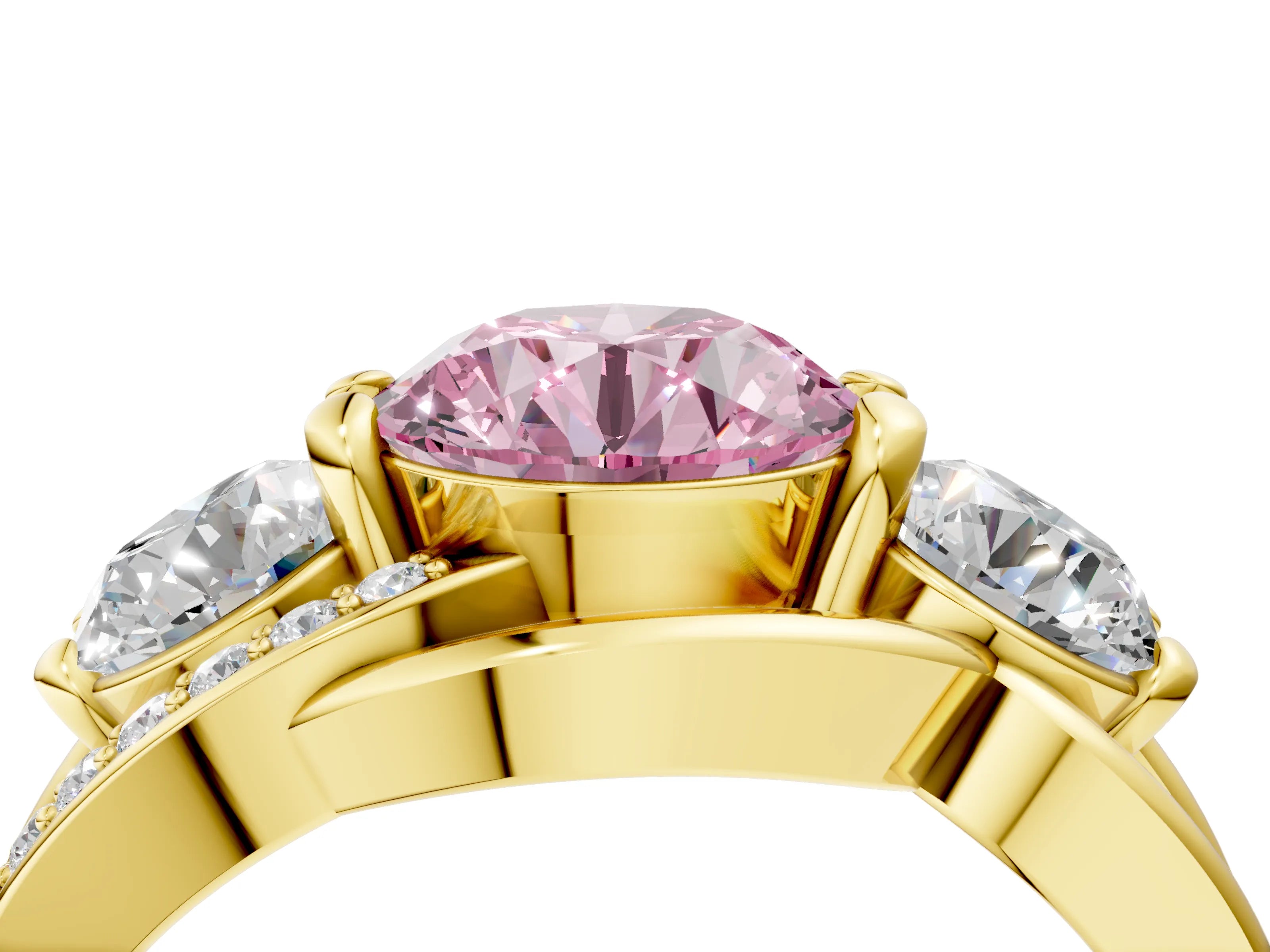 Yellow gold Three-Stone Fancy Pink Round Cut Cut Diamond Split Shank Prong Set Ring_4