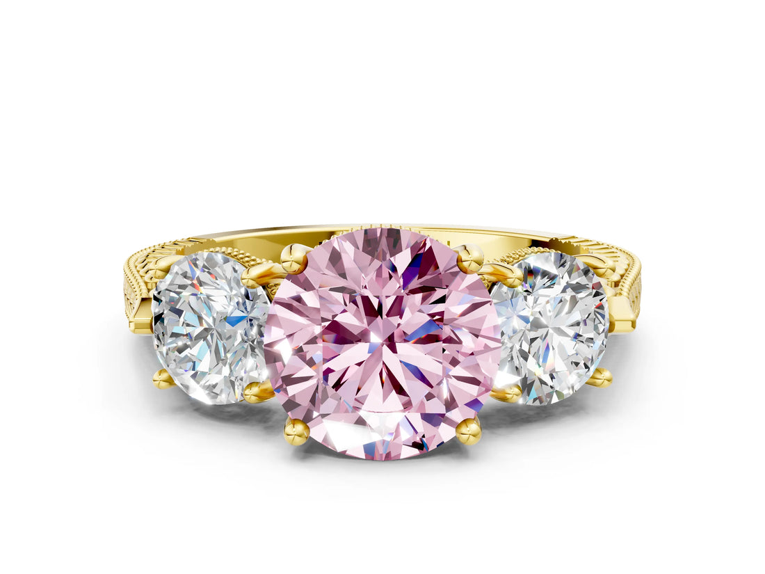Yellow gold Three-Stone Fancy Pink Round Cut Cut Milgrain Band Prong Setting Ring
