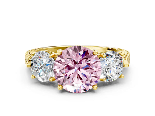 Yellow Gold Round Vintage Three Stone Engagement Ring Setting for Fancy Pink Center