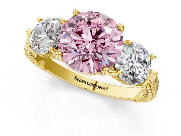 Yellow Gold Round Vintage Three Stone Engagement Ring Setting for Fancy Pink Center