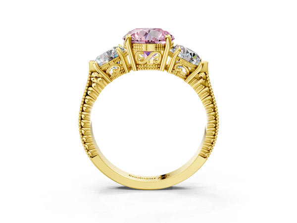 Yellow Gold Round Vintage Three Stone Engagement Ring Setting for Fancy Pink Center
