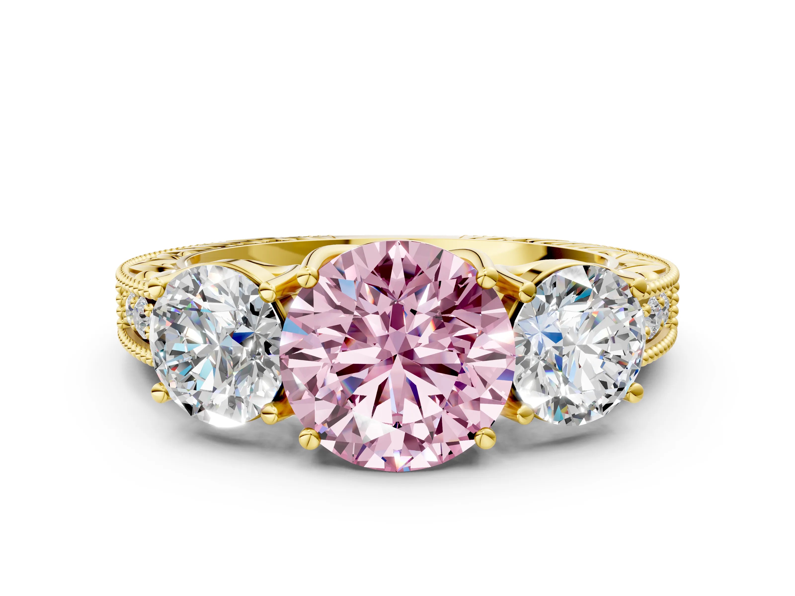 Yellow gold Three-Stone Fancy Pink Round Cut Cut Milgrain Pavé Engagement Ring