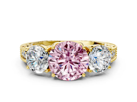 Yellow gold Three-Stone Fancy Pink Round Cut Cut Milgrain Pavé Engagement Ring_12