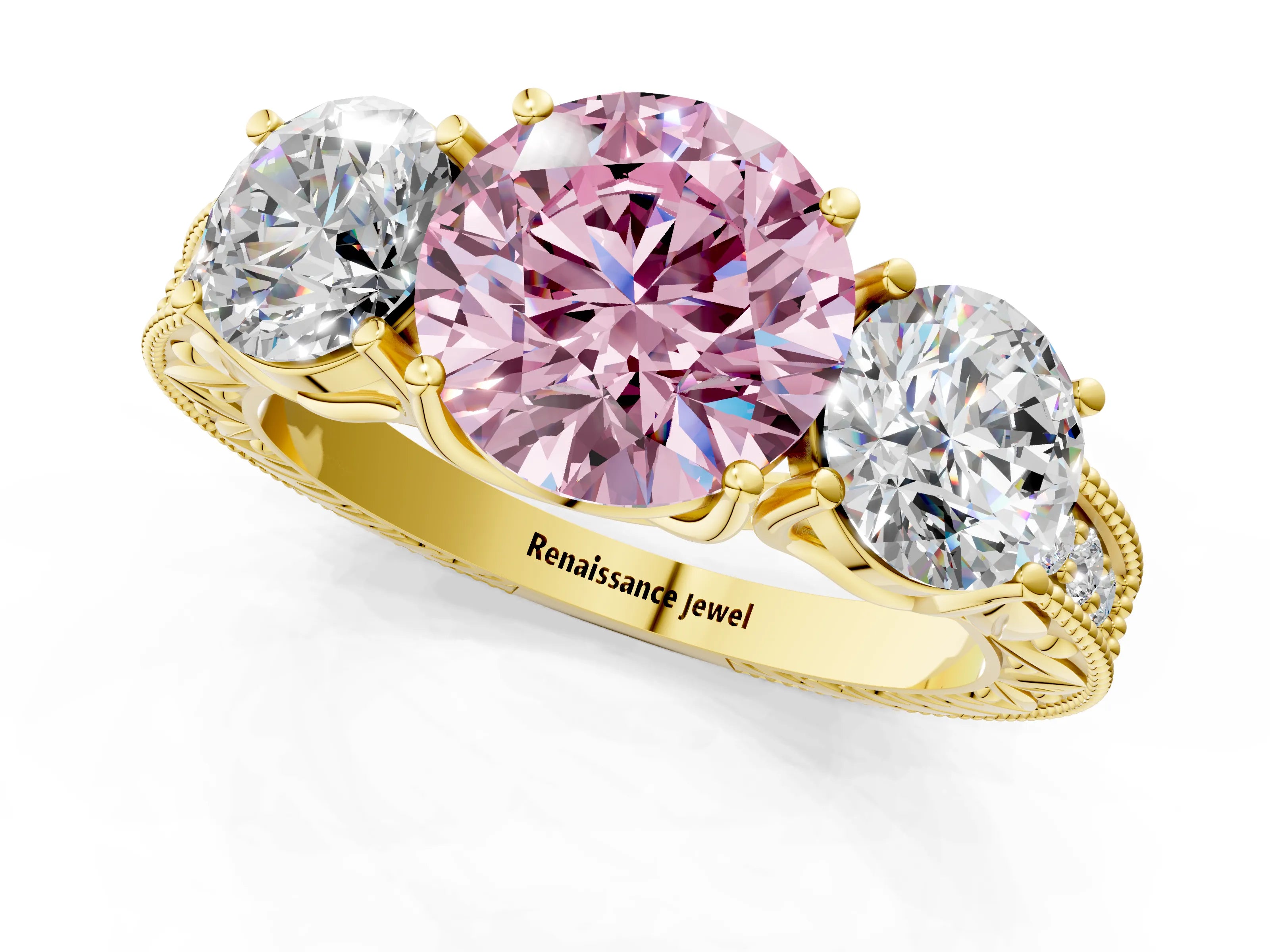 Yellow gold Three-Stone Fancy Pink Round Cut Cut Milgrain Pavé Engagement Ring_13