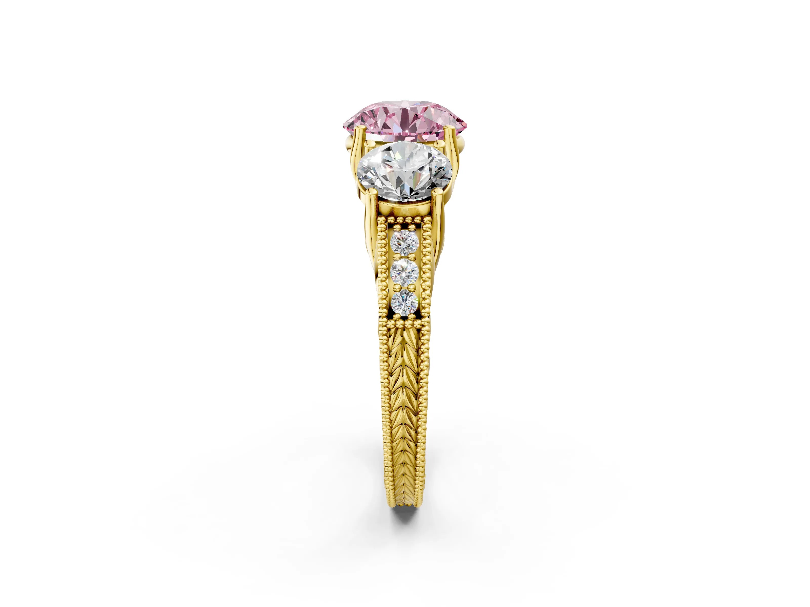 Yellow gold Three-Stone Fancy Pink Round Cut Cut Milgrain Pavé Engagement Ring_14