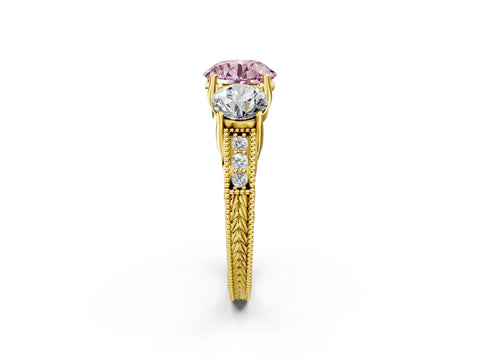 Yellow gold Three-Stone Fancy Pink Round Cut Cut Milgrain Pavé Engagement Ring_14