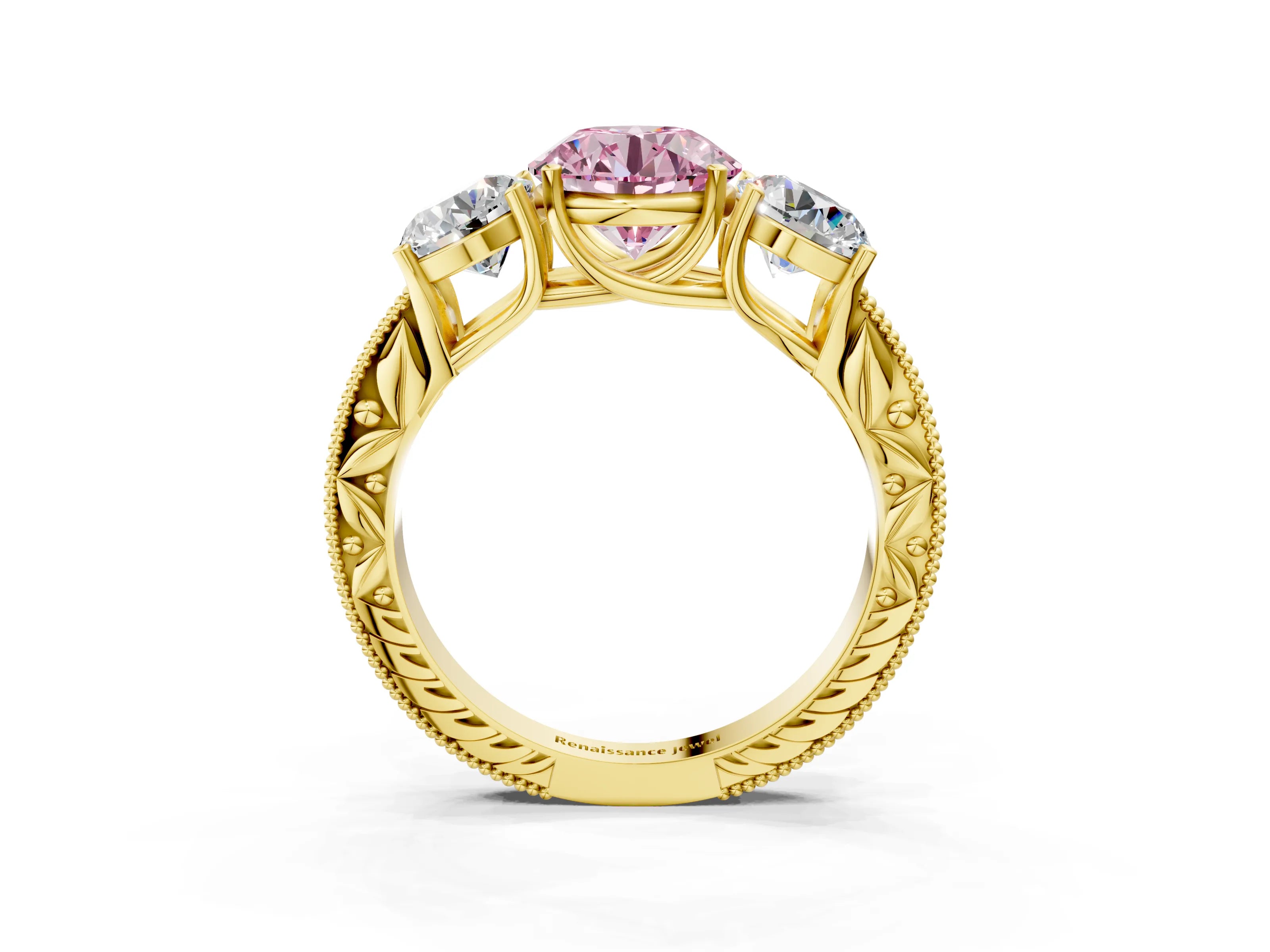 Yellow gold Three-Stone Fancy Pink Round Cut Cut Milgrain Pavé Engagement Ring_15