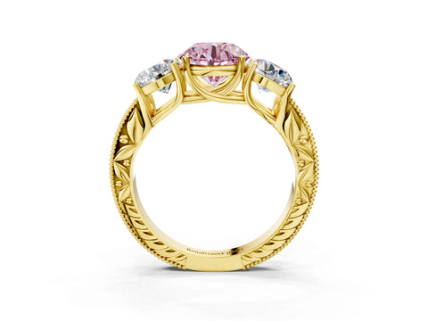 Yellow gold Three-Stone Fancy Pink Round Cut Cut Milgrain Pavé Engagement Ring_15
