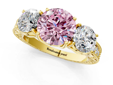 Yellow gold Three-Stone Fancy Pink Round Cut Cut Milgrain Pavé Engagement Ring_1