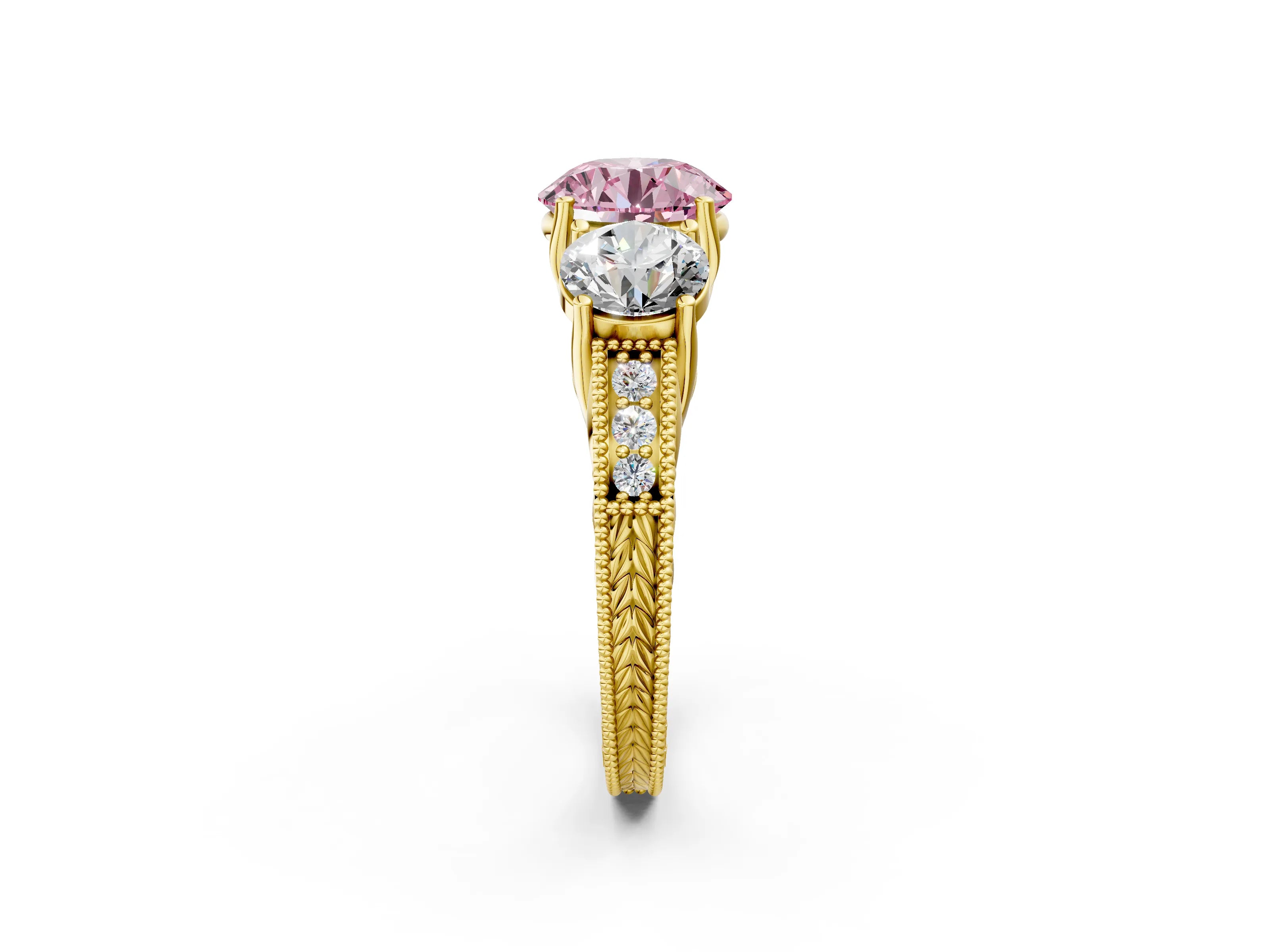 Yellow gold Three-Stone Fancy Pink Round Cut Cut Milgrain Pavé Engagement Ring_2