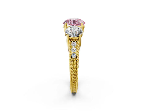 Yellow gold Three-Stone Fancy Pink Round Cut Cut Milgrain Pavé Engagement Ring_2