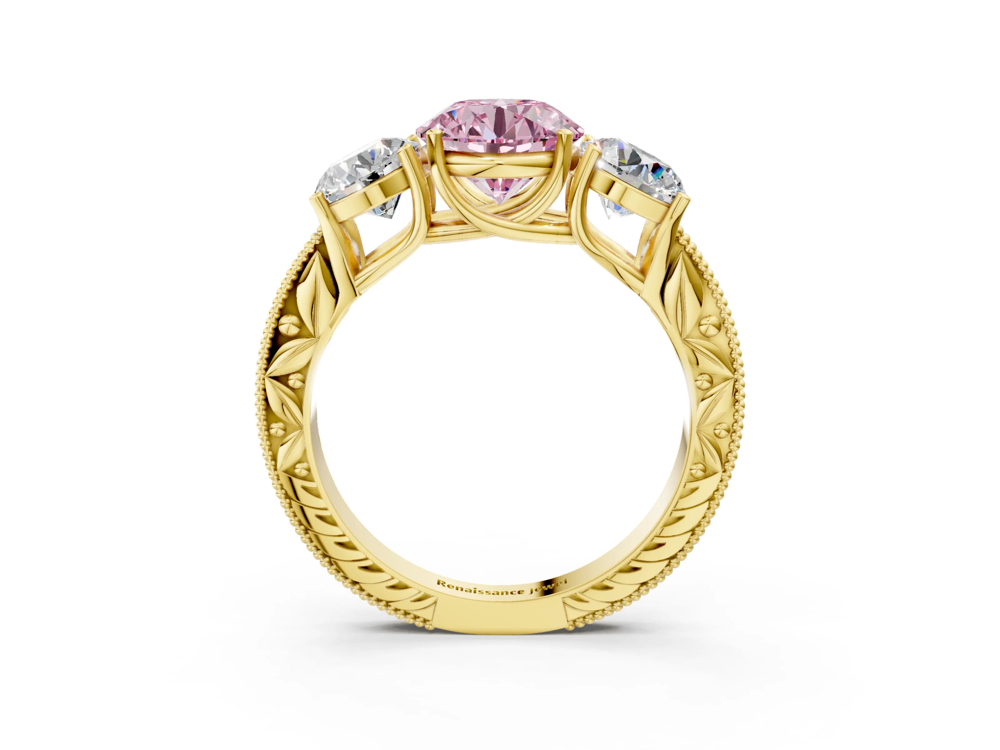 Yellow gold Three-Stone Fancy Pink Round Cut Cut Milgrain Pavé Engagement Ring_3